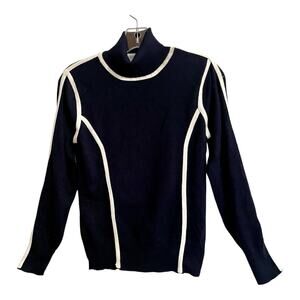 Carmen Marc Valvo Sweater Women Medium Blue White Trim Turtleneck Casual Office